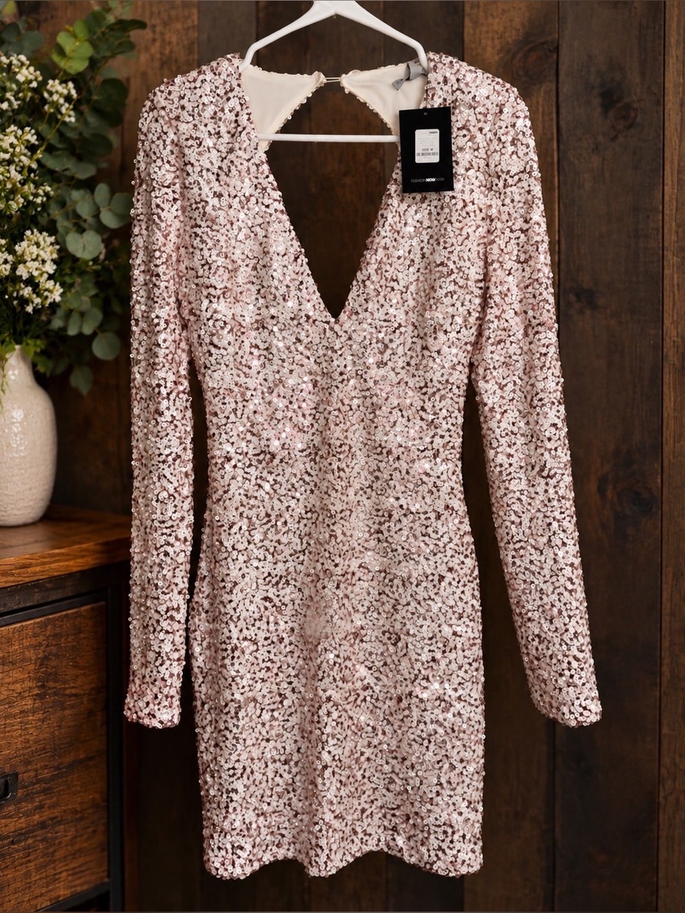 Sequin and Pearl V-Neck Long Sleeve Party Dress - Light Pink & White